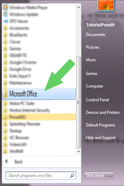 Windows All Programs Showing Microsoft Office Folder