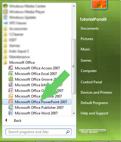 All Programs Menu Showing Microsoft Office PowrPoint
