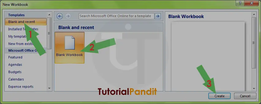 MS Excel New Workbook Template Dialog Box