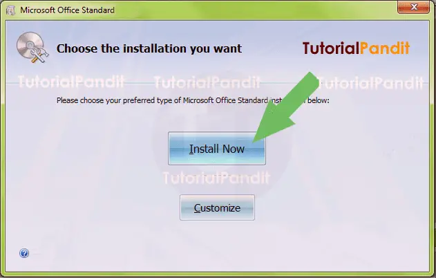 MS Office Installation Choice Button Click on Install Now