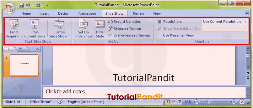 MS PowerPoint Slide Show Tab in Hindi - MS PowerPoint Slide Show Tab-  TutorialPandit.