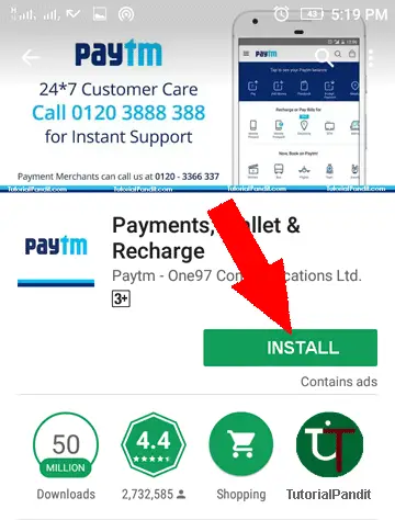 Tap on Install to Install Paytm App in  Your Smartphone