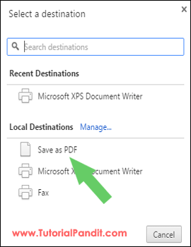 Choose Save as PDF from Destination in Chrome Browser