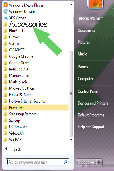 Start Menu Showing Accessories. allprograms_menu_screen