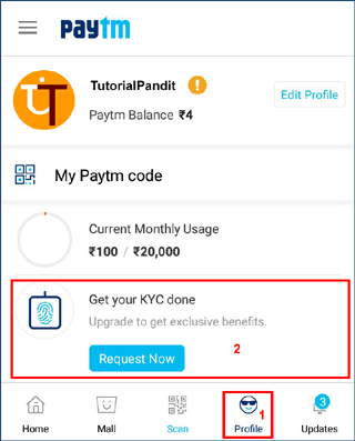 Paytm Profile paytm profile showing kyc option