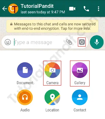 Select Camere or Paper Clip Icon to Send Photo and Video on WhatsApp