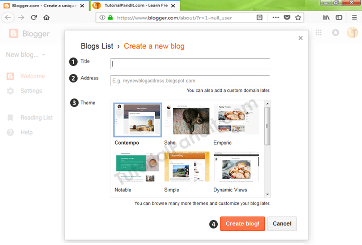 Enter Your Blog Details to Create a New Blogger Blog