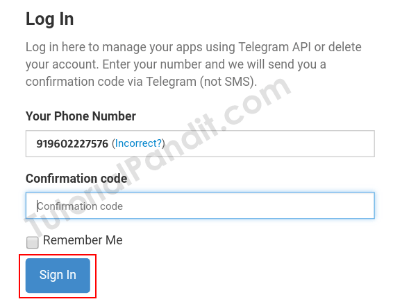 Enter Confirmation Code to Sing in Telegram