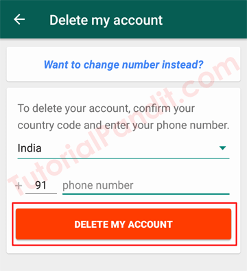 Enter Your Number to Delete WhatsApp Account
