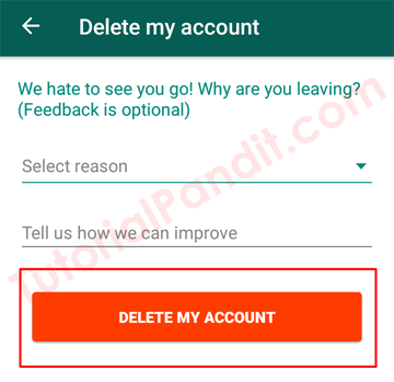 Select a Reason to Delete Your WhatsApp Account and Continue