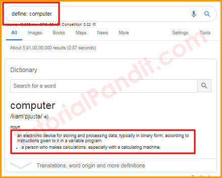 Define Any Word in Google Dictionary in Hindi
