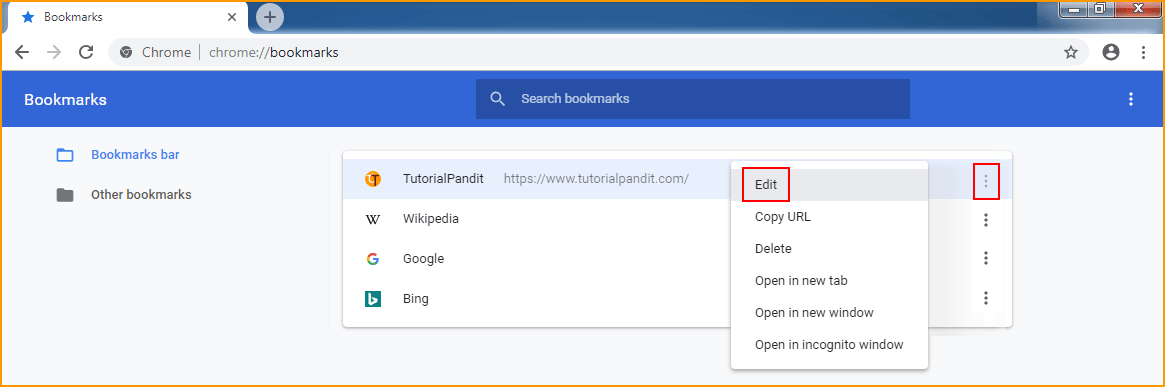 Click on Edit to Edit Chrome Bookmarks
