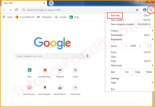 Click on New Tab from Chrome Menu to Open New Tab in Hindi