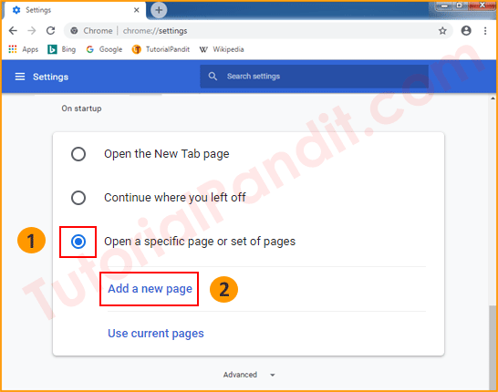 Startup Page Settings in Chrome Browser