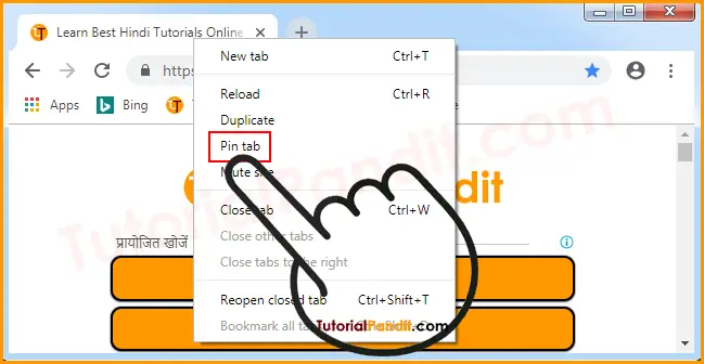 Click on Pin Tab form Memu in Chrome Browser in Hindi