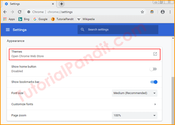 Select Themes from Chrome Settings