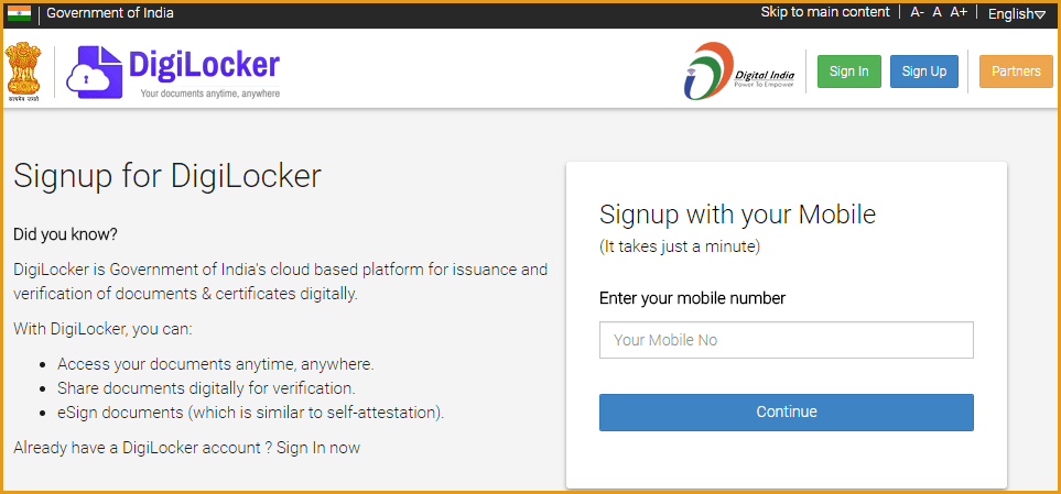 Enter Your Mobile Number to Register on DigiLocker
