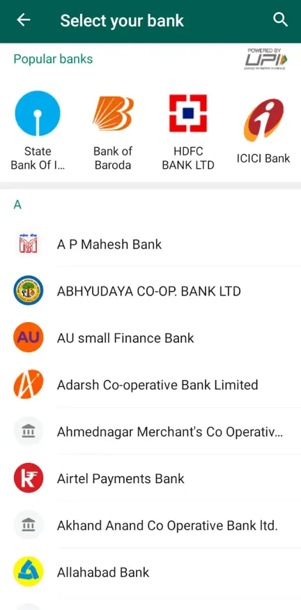 Choose Your Bank WhatsApp Payment