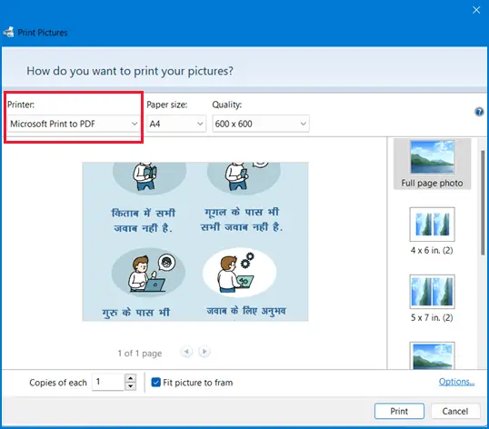Select Microsoft Print to PDF from Print Picture Window